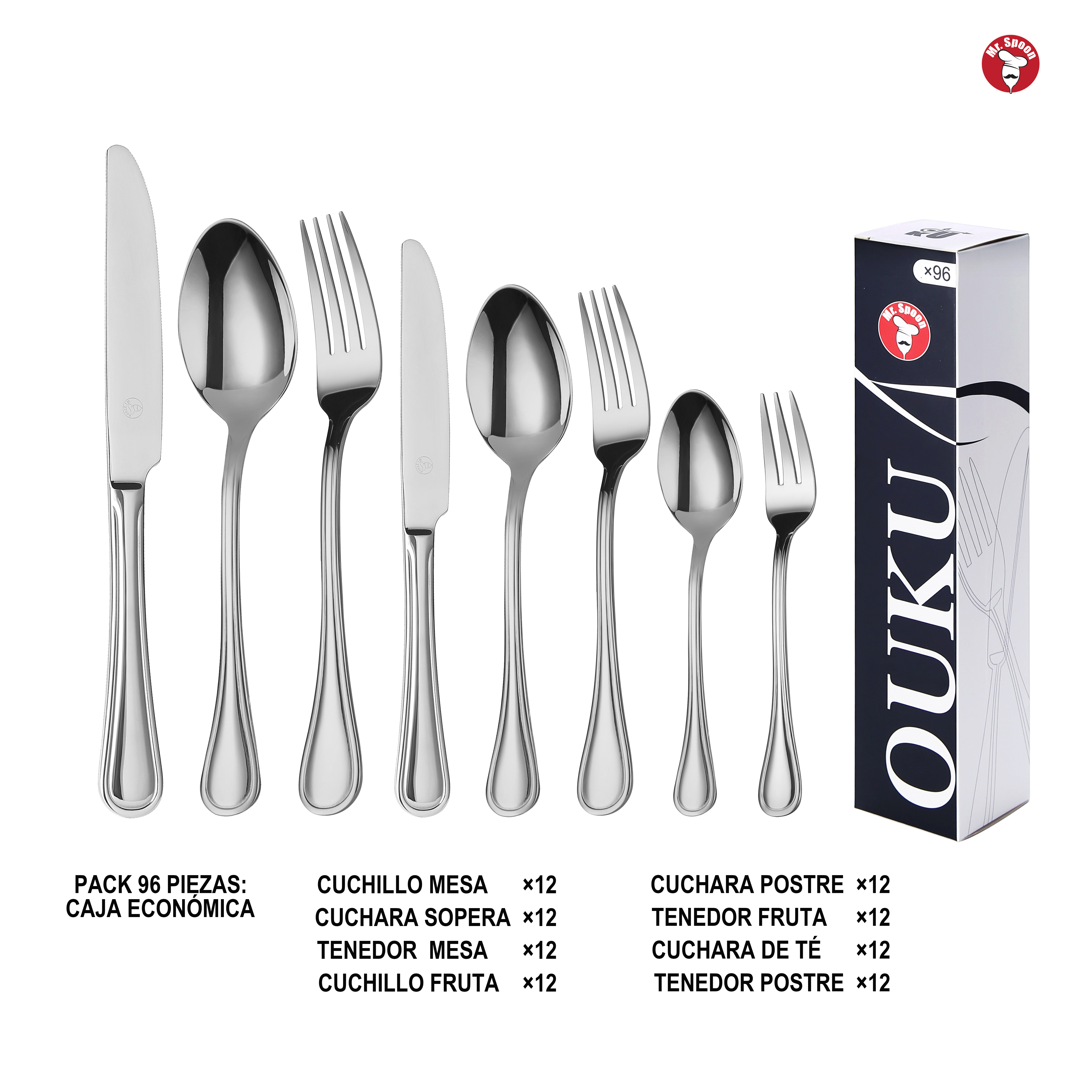 Mr.Spoon Serie Raya Juego 96,108 o120 piezas cubiertos,Acero Inoxidable 18/0,Plateado,Económico y funcional,Incluye cuchillo carne o mesa,tenedor,cuchara,cucharilla,etc. Mango monobloque,Apto para lavavajillas,Empaque ecológico,Para casa,hotel,restaurante