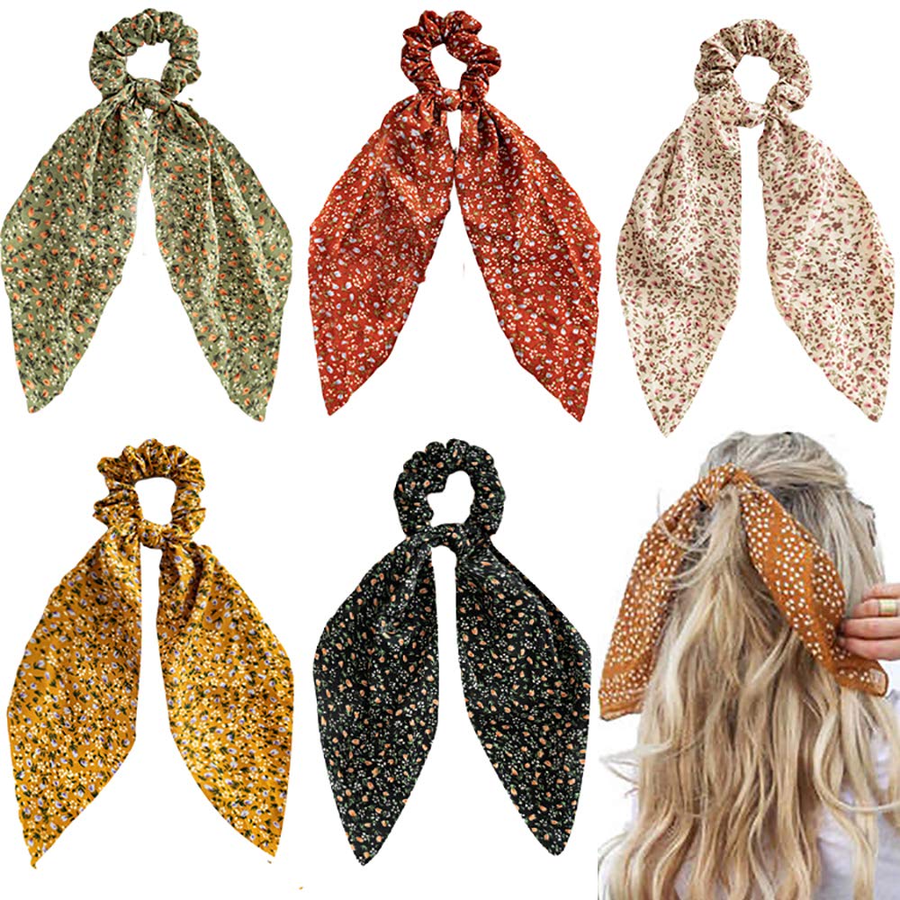 5 Pcs Floral Pañuelo de pelo con lazo de cinta para la Mujer Niñas, Scrunchies arco para el pelo, Scrunchies pelo con lazo, gasa floral Scrunchie pelo largo Bandas Lazos Ponytail Holder