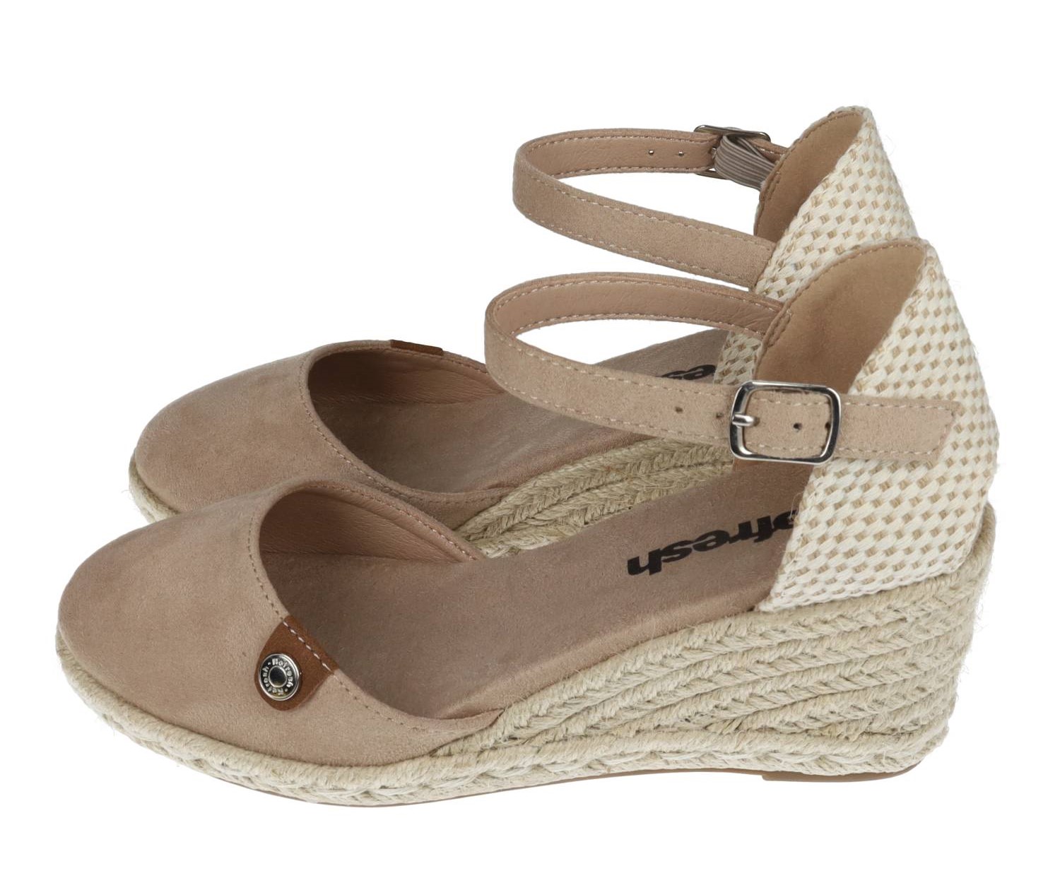 Alpargatas marca REFRESH para mujer en color beige. Alpargatas Refresh mujer con cuña de yute y correa ajustable – Sandalias esparteñas color beigcómodas