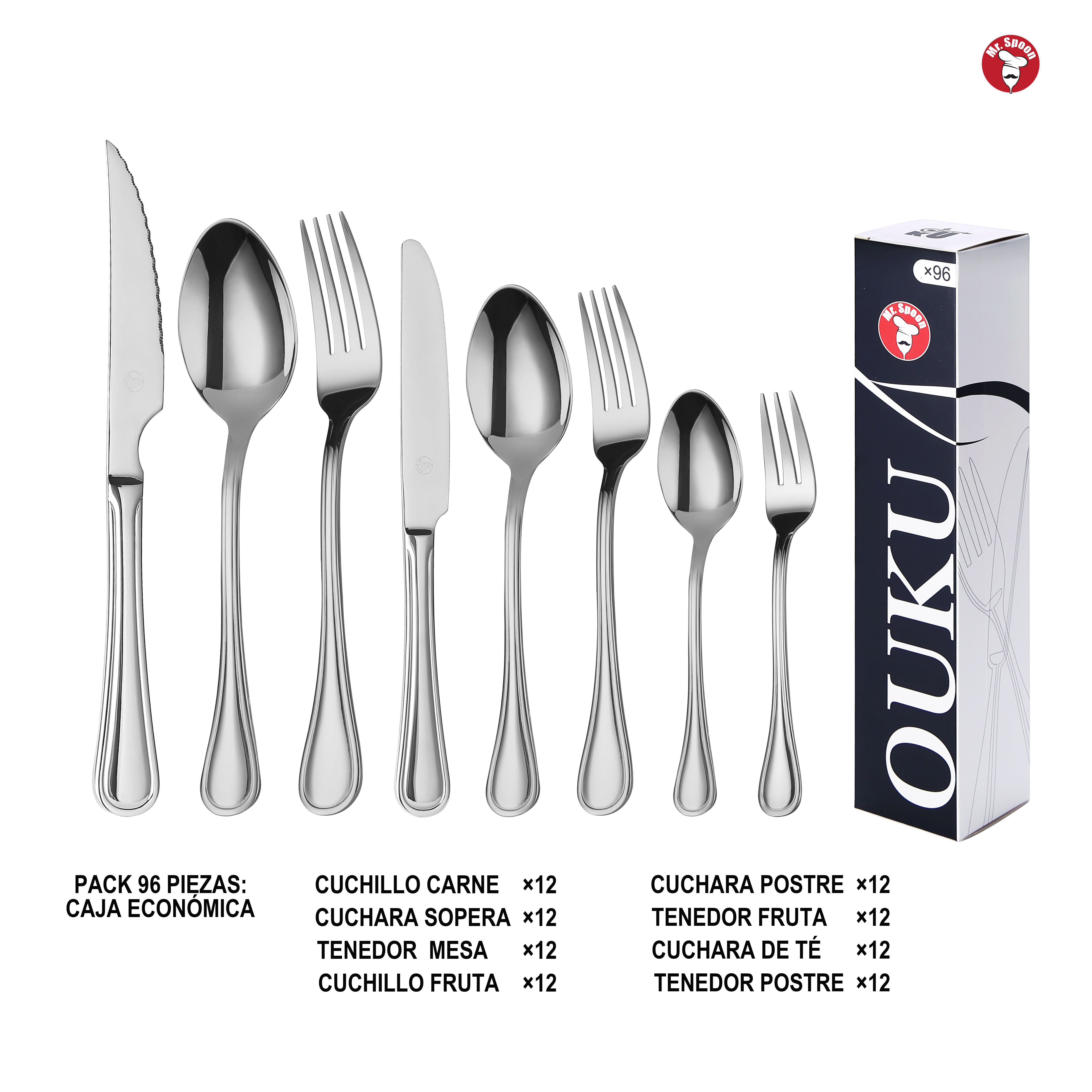 Mr.Spoon Serie Raya Juego 96,108 o120 piezas cubiertos,Acero Inoxidable 18/0,Plateado,Económico y funcional,Incluye cuchillo carne o mesa,tenedor,cuchara,cucharilla,etc. Mango monobloque,Apto para lavavajillas,Empaque ecológico,Para casa,hotel,restaurante