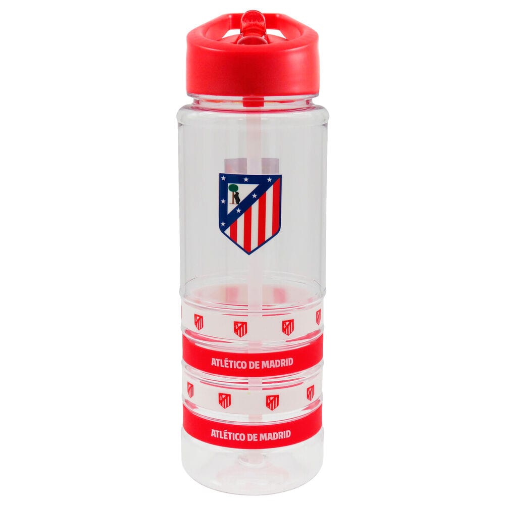 Cantimploras Atlético de Madrid, Botellas de Agua de Plástico Reutilizables, con Boquilla y Tapón a Rosca Antiderrame, Asa de Transporte, con Compartimento Snack o Pulseras de Silicona