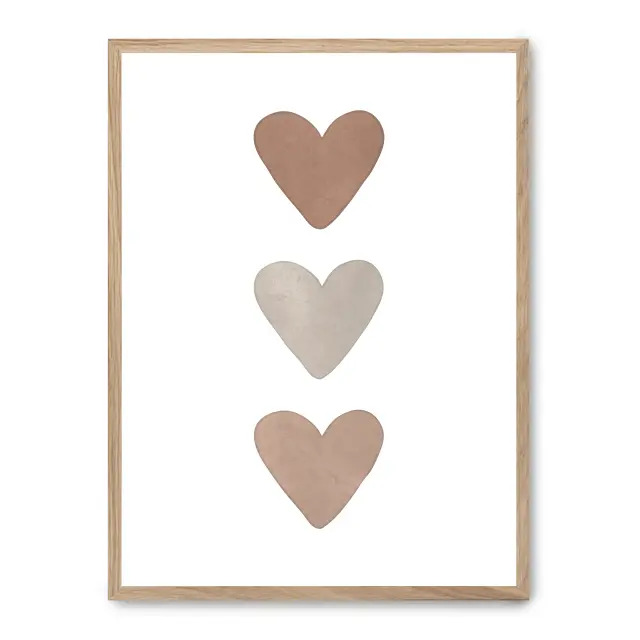 Cuadro hearts 30x40cm, Póster impreso en papel de primera calidad de 180gr, montado sobre marco de madera MDF acabado roble., Infantil - Bebé