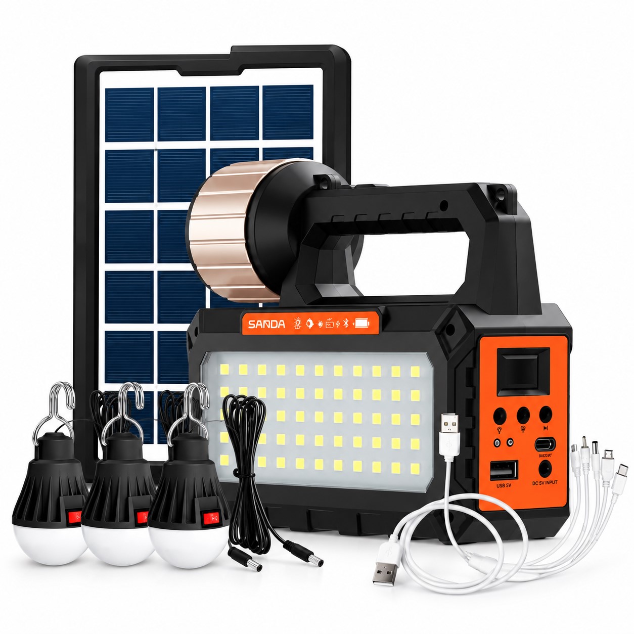 Lámpara solar multifunción SD-6070 con luz LED, radio FM y altavoz inalámbrico para emergencias, apagones y camping