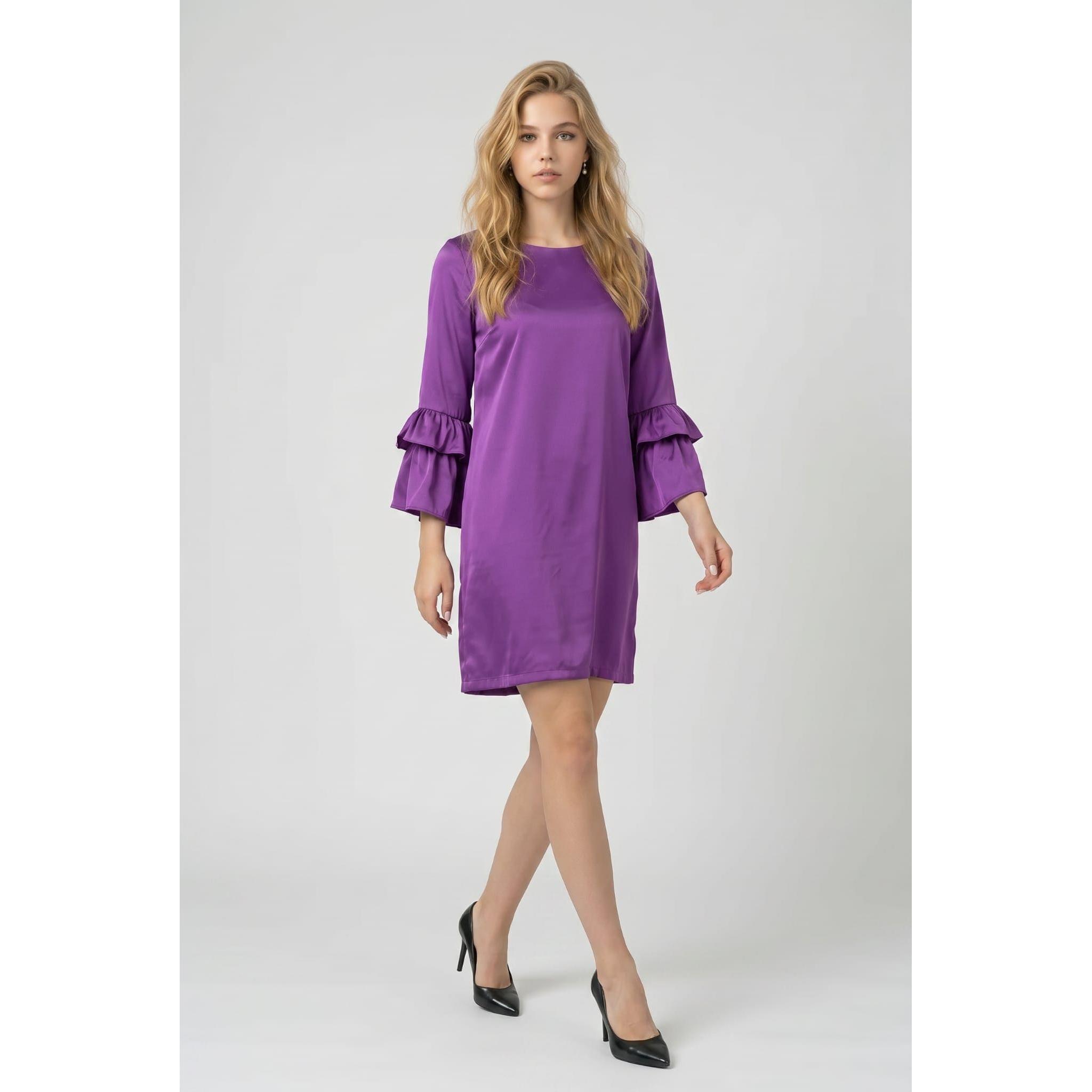 Vestido Marca ANANY satinado para mujer de poliéster 100 %, elegante y fluido para bodas, comuniones y eventos especiales con cuello redondo y mangas largas con volantes- REF: AN-250105