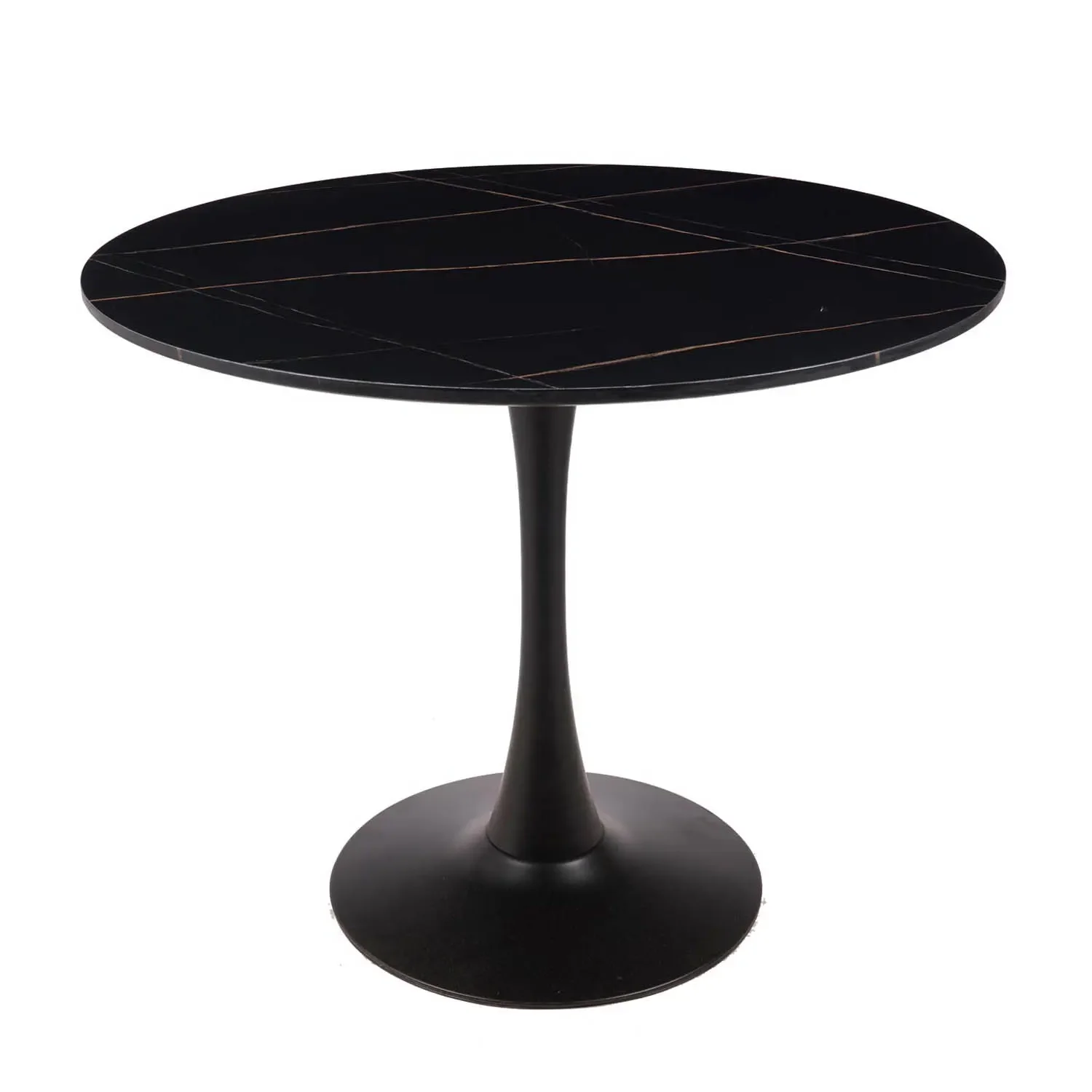 Lúzete - Mesa De Comedor Redonda Efecto Mármol Negro ø90 Cm San Antoni  Mdf Efecto Mármol Y Hierro Pintado