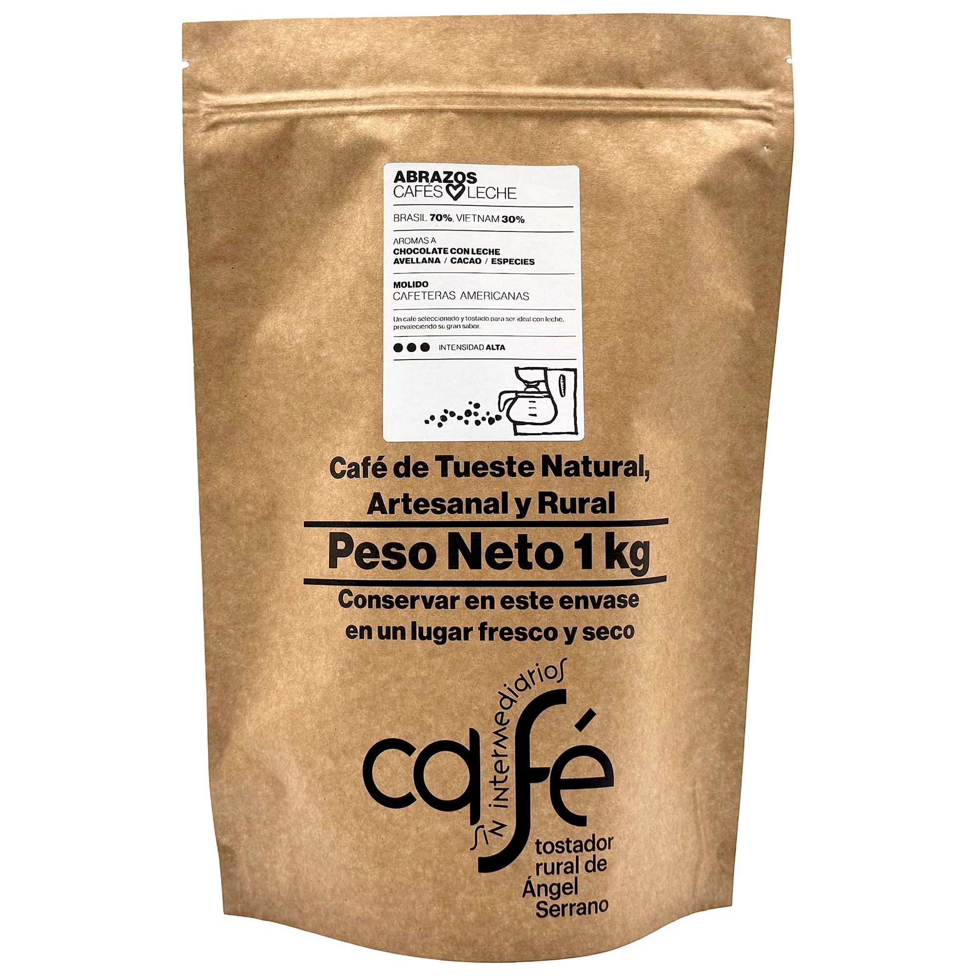 CAFÉ SIN INTERMEDIARIOS - Café de Brasil y Vietnam - Abrazos - Ideal para combinar con leche - Intensidad de sabor Alta - Recién tostado y envasado - 1 Kg Grano o Molido (Exprés, Filtro, Italiana, Americana, Superautomática)
