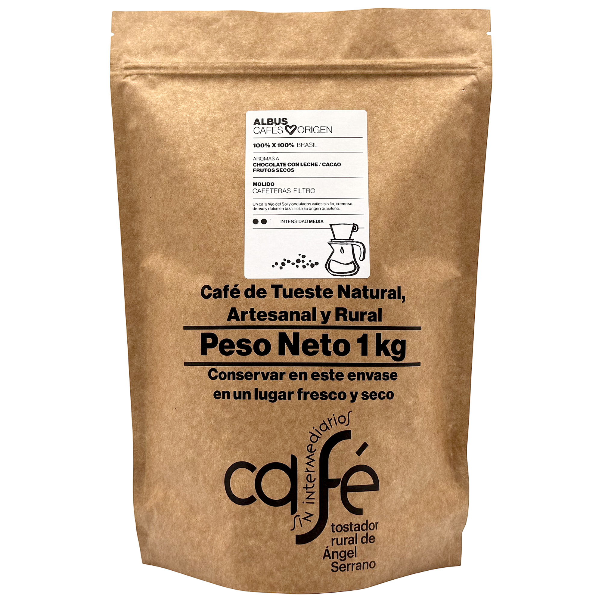 CAFÉ SIN INTERMEDIARIOS - 100% Brasil - Albus - Ideal para tomar solo - Intensidad de sabor Media - Recién tostado y envasado - 1 Kg Grano o Molido (Exprés, Filtro, Italiana, Americana, Superautomática)