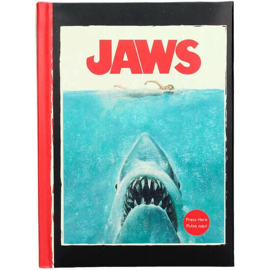 Diario con Luz Tiburón Jaws, Tapa Dura con Ilustración del Tiburón, Botón “Press Here” con Luz, Cuaderno para Notas y Regalo, Diseño Negro y Rojo, Formato Compacto