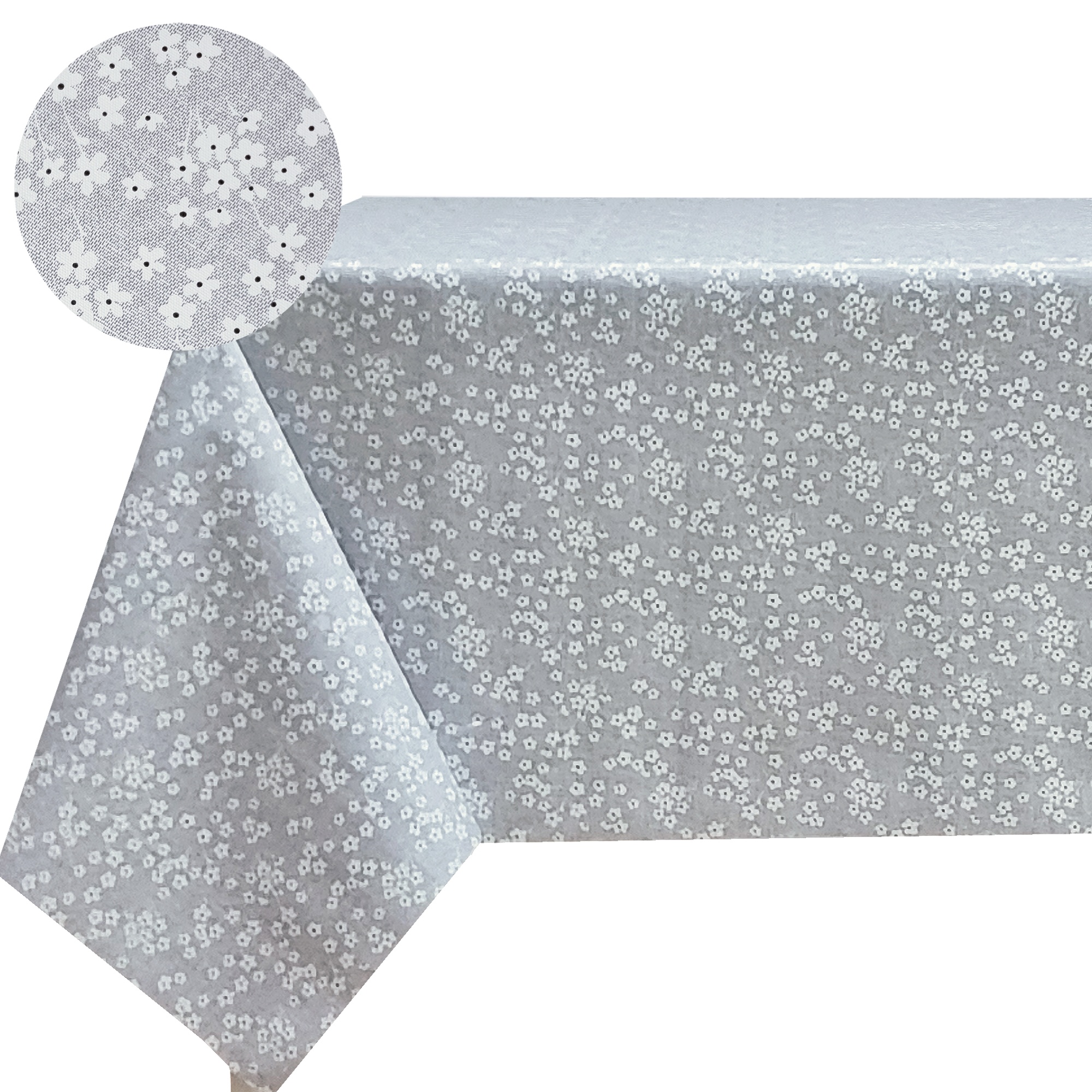 Mantel de Hule PVC con Flores Pequeñas, Gris o Beige, Ancho 140 cm, Varias Medidas para Cocina y Comedor