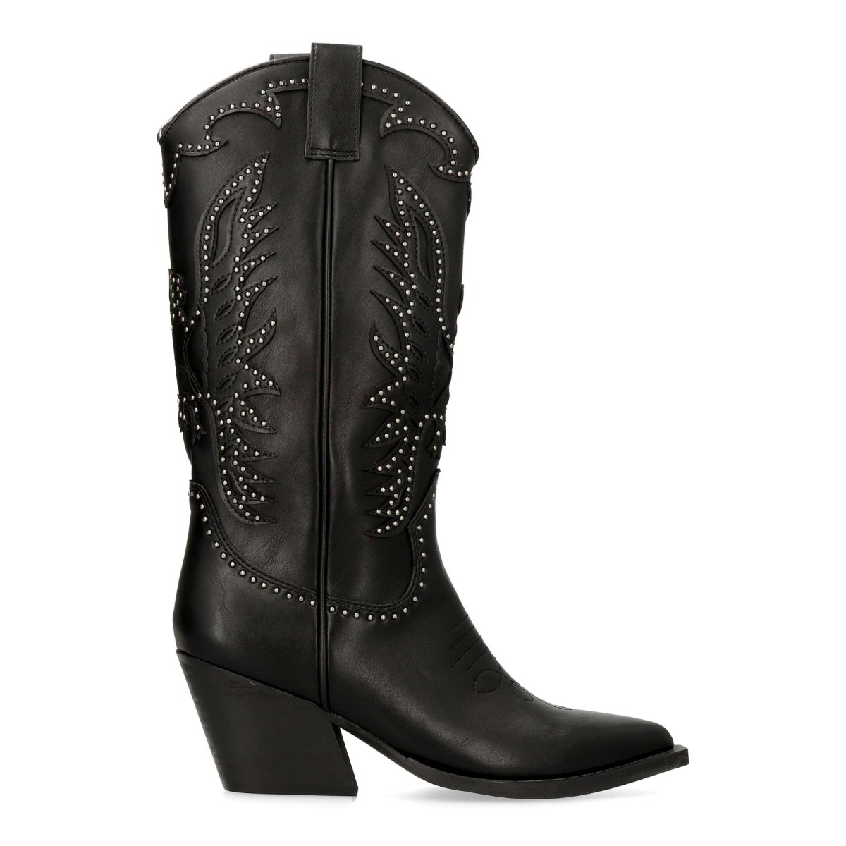 Vanessa Calzados - Bota alta cowboy mujer con bordado original y tachas decorativas, caña 30 cm, tacón ancho de 6 cm, material sintético y suela de goma