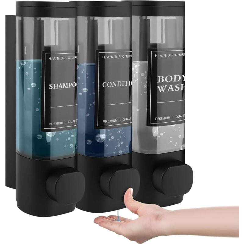Om Home Juego de 3 dispensadores de jabón, montaje en pared, 300 ml, sin taladrar, para lavabo, baño, gel de ducha, champú, negro