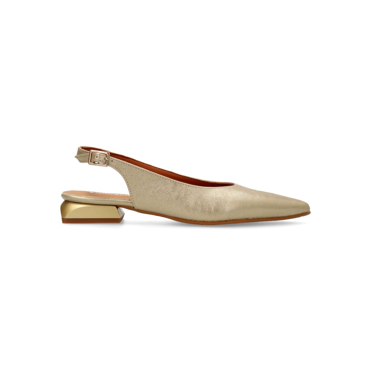 Vanessa Calzados - Zapato salón metalizado VANESSA con puntera fina, tacón bajo de 2,5 cm y tira trasera con hebilla para comuniones y bodas