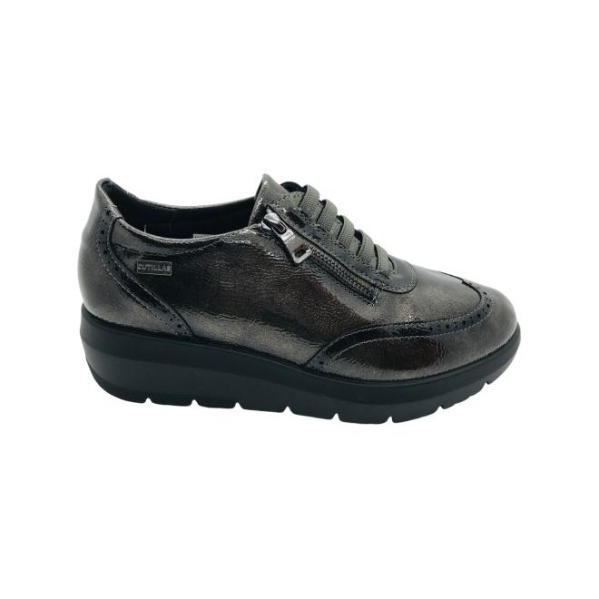 Zapato Derby Mujer Doctor Cutillas Antracita: Piel Brillante, Horma Ancha Cómoda y Suela Antideslizante