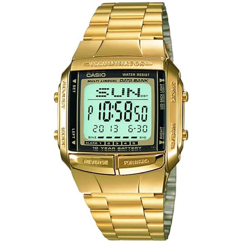 Reloj Casio digital DB-360G-9AD correa acero dorada función telememo retro cierre ajustable DB360G9AD