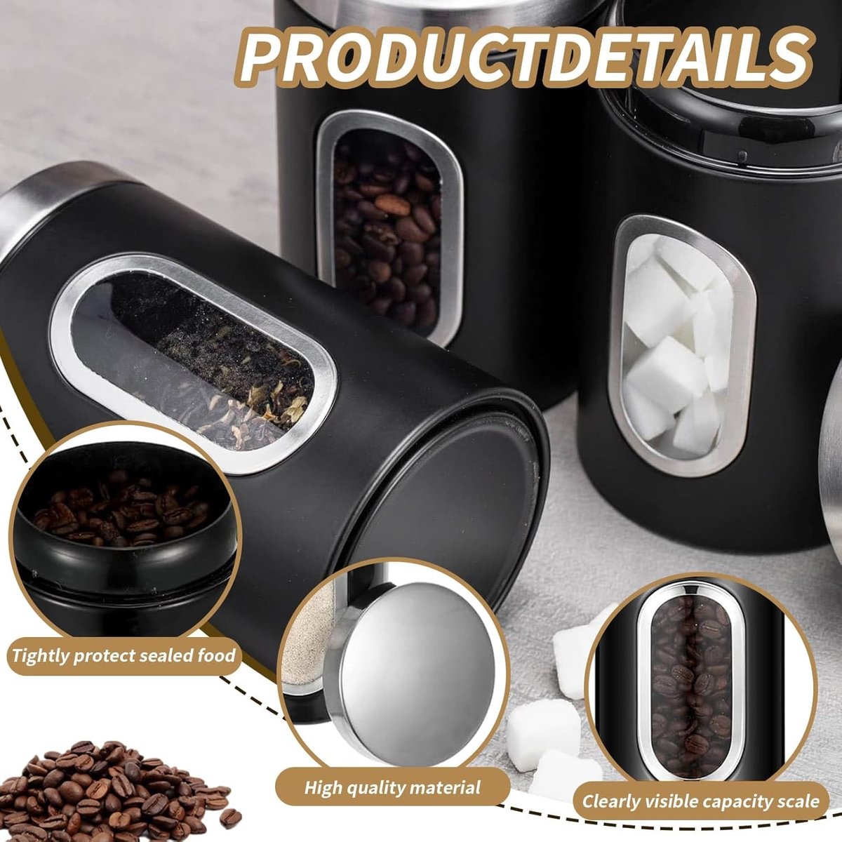 Tarros de almacenamiento - Juego de 3 - Tarros con tapa - Tarros de cocina - Tarros de acero inoxidable - Tapas seguras - Ventana transparente - Para té y café - Tarros multifuncionales - Negro