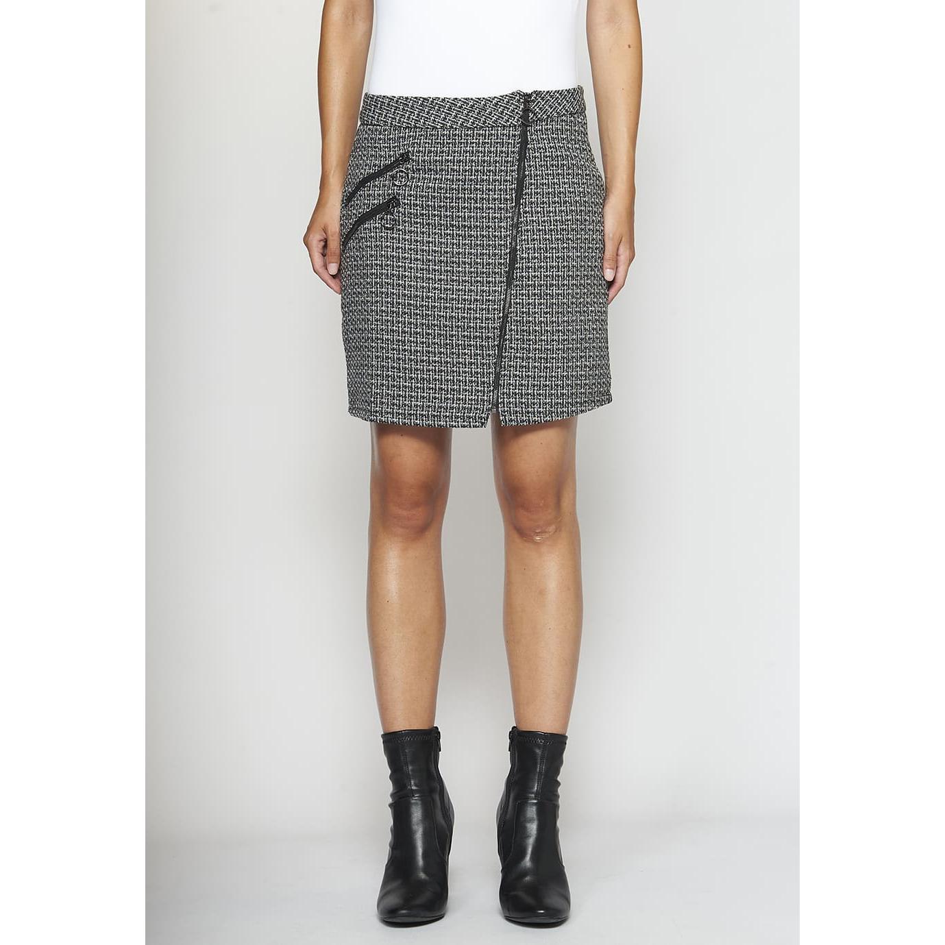 Koroshi - Falda recta de tweed con cuadros para mujer, forrada y urbana con cremallera inclinada delantera y falsas cremalleras decorativas