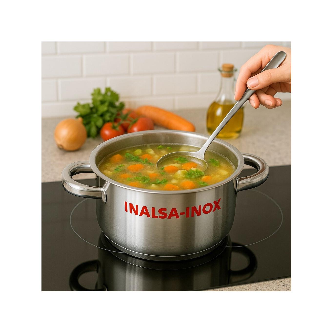 Olla de acero inoxidable INALSA-INOX con tapa (Disponible en 20cm, 22cm, 24cm, 26cm, 28cm, 30cm)｜Con asas dobles｜Apta para inducción y gas｜Ideal para sopas, guisos, pastas y más｜Gran capacidad y fondo reforzado