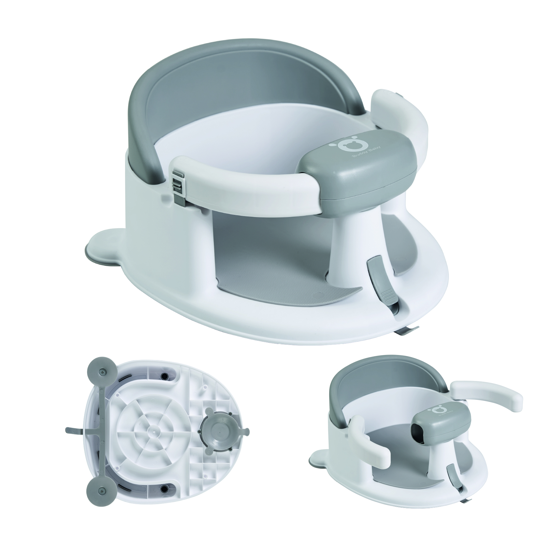 Buddy Baby - Asiento de Baño AquaBebe - Desde 6 meses - Base antideslizante 3 ventosas - Barrera antivuelco - Abertura para fácil colocación - Plancha antideslizante flexible - Ideal ducha y bañera