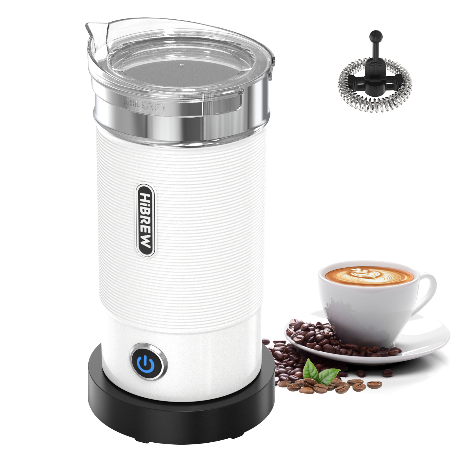 HiBREW M1A,Milk Frothers,One-Click operation,Auto Shut-off,Hot and cold,Non-stick coating,Large Capacity,ABS shell easy to hold,Retractable power cord,Detachable transparent angled jug spout