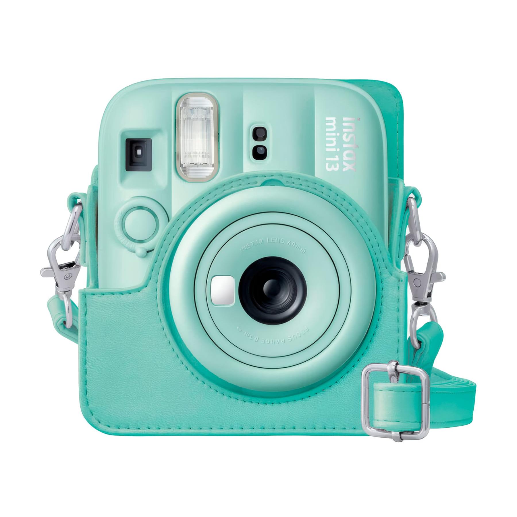 FUJIFILM - Funda para cámara Instax Mini 13 en color Lagoon Green de poliuretano con correa ajustable y cubierta superior extraíble