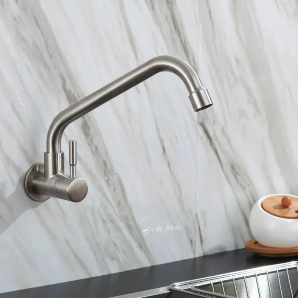 TK Grifo De Cocina De Acero Inoxidable Montado En Pared Sencillo Para Agua Fría Curva Baja Tapa De Agua De Alta Calidad