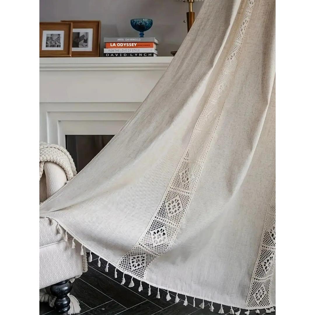 TK Conjunto De Cortinas Bohemio De Lino Puro Decorativas Con Espaciado Mitad Cierre Para Sala De Estar Moderno Estilo Tatting