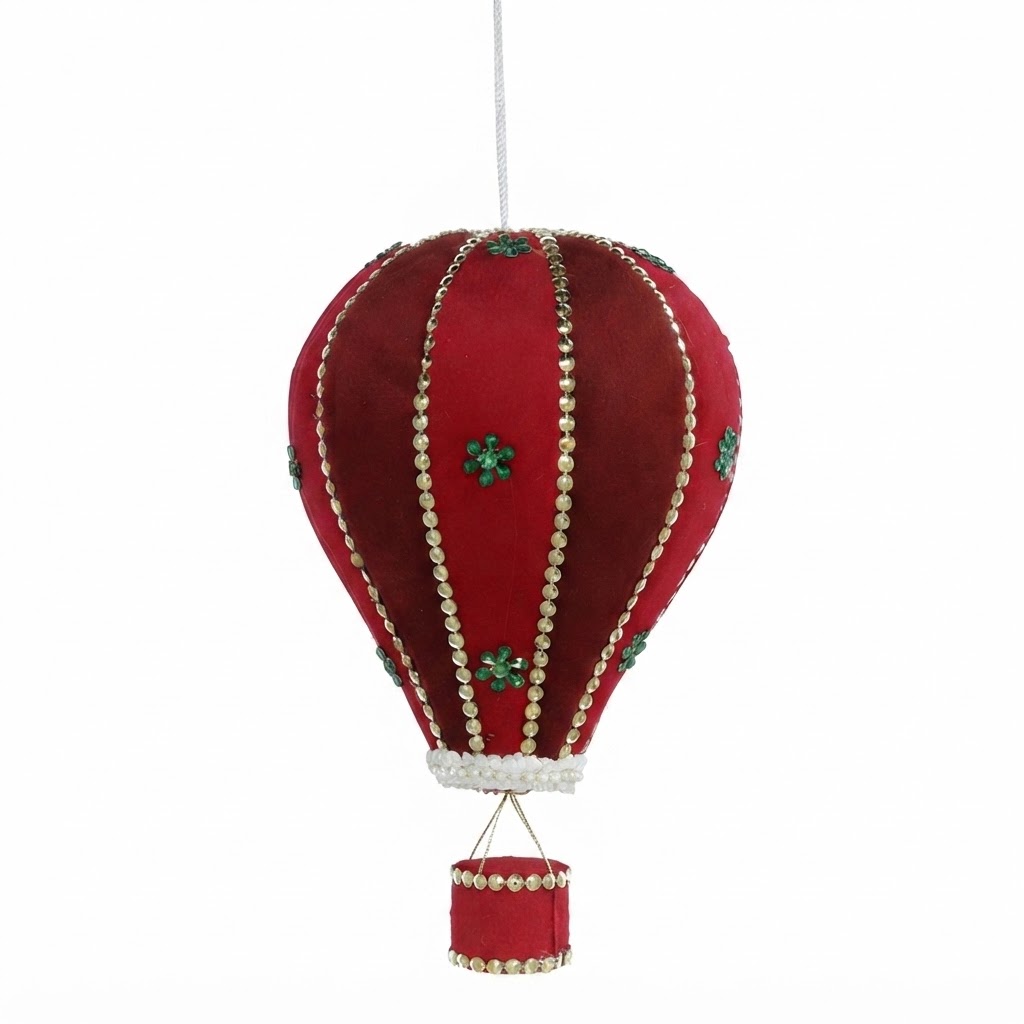 Adorno Navideño Colgante Globo Aerostático Rojo - Decoración de Navidad de Poliéster, Plástico y Espuma con Detalles Brillantes (16x27 cm)