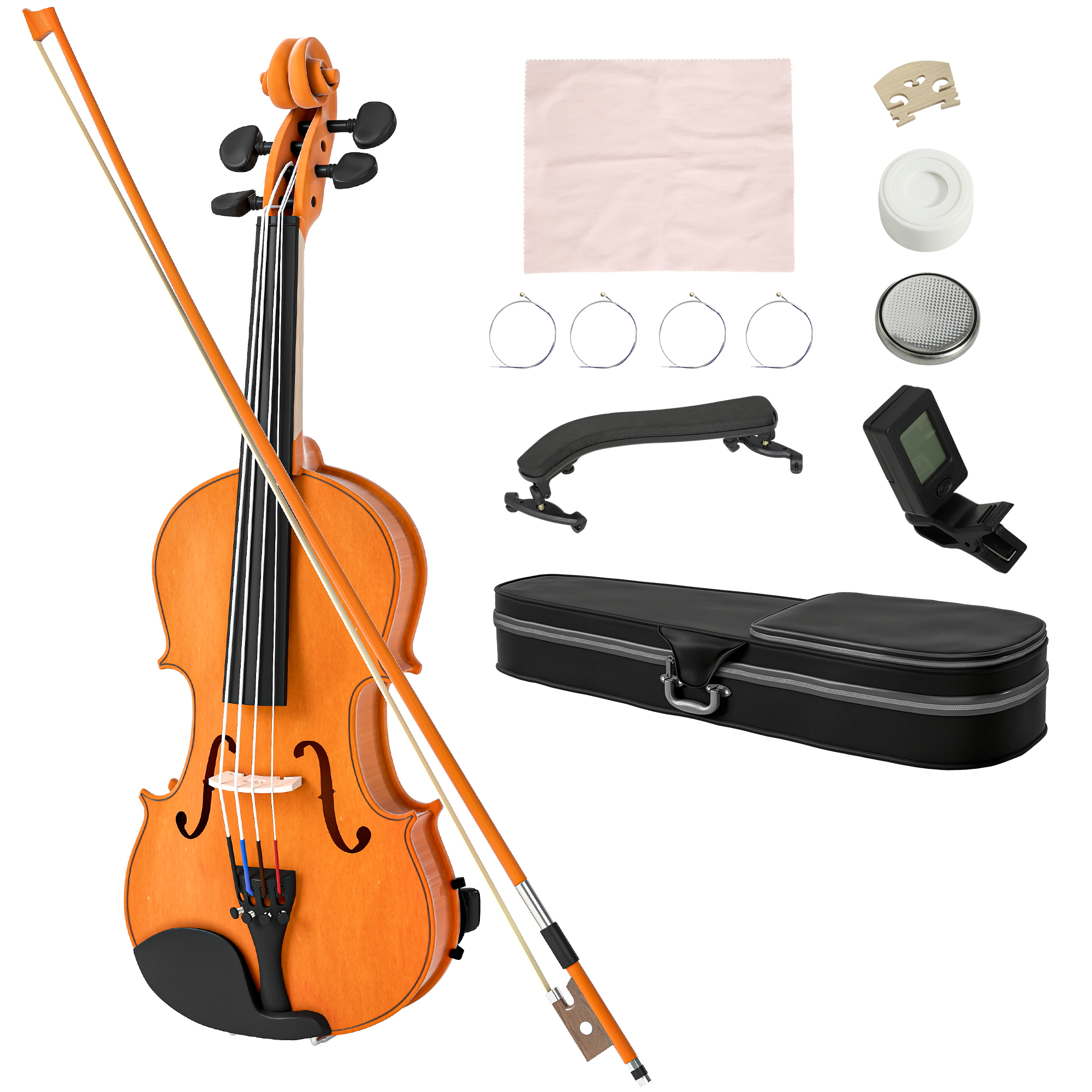 HOMCOM Violín 4/4 de Tamaño Completo de Madera, Set de Violín para Principiantes, Adultos y Niños, con Estuche Ligero, Arco, Colofonia, Afinadores, Cuerdas y Soporte para Hombro, Marrón