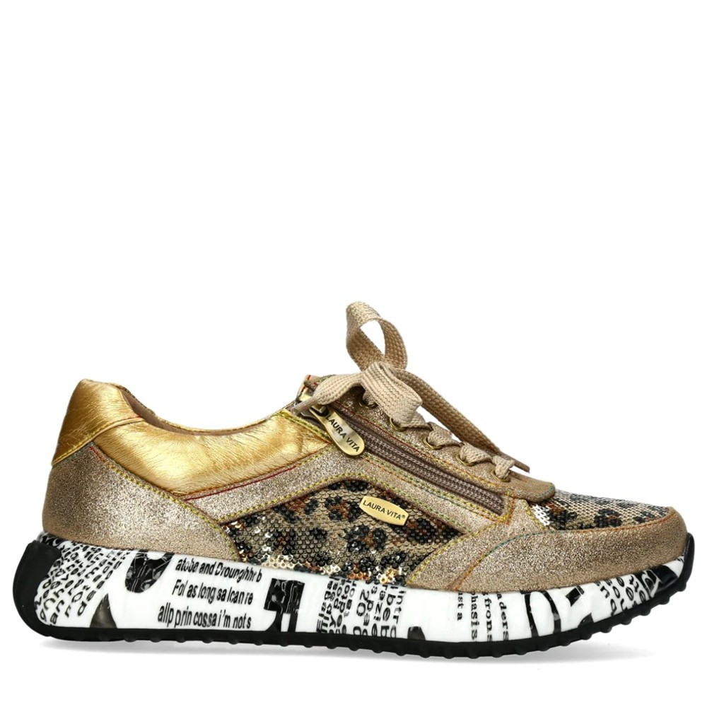 Cómoda Zapatilla mujer Laura Vita BURTON-11 en piel metalizada oro y paneles con glitter. Ajuste cremallera y cordón. Marca ofrece original inspirada en la naturaleza Altura Tacón bajo (3-5 cm) Referencia BURTON-11-DORE