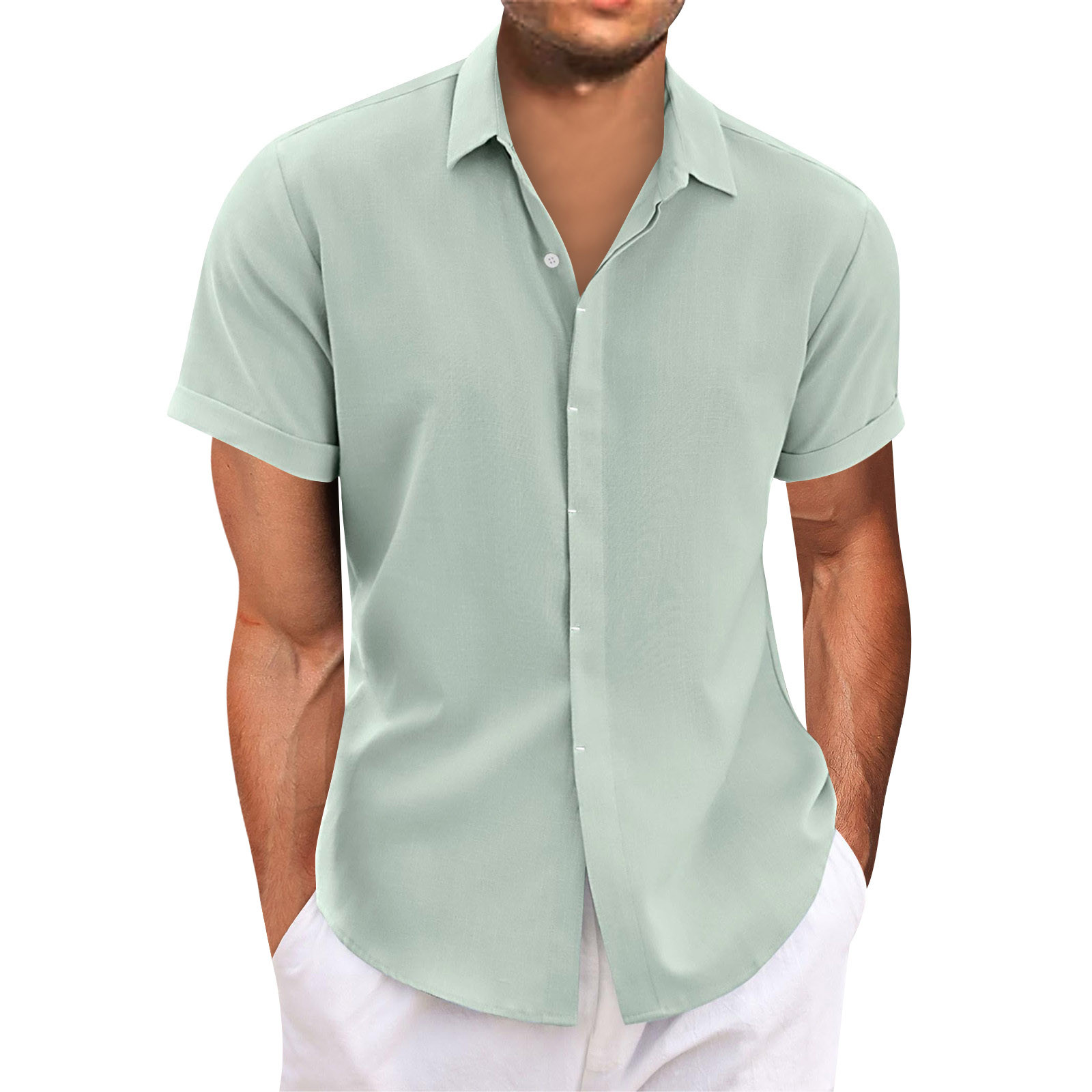 TK Camisa Casual Para Hombre De Color Sólido Corta De Manga Cierre De Botones Lino Suéter Suéter Basic Top Verano T-Shirt