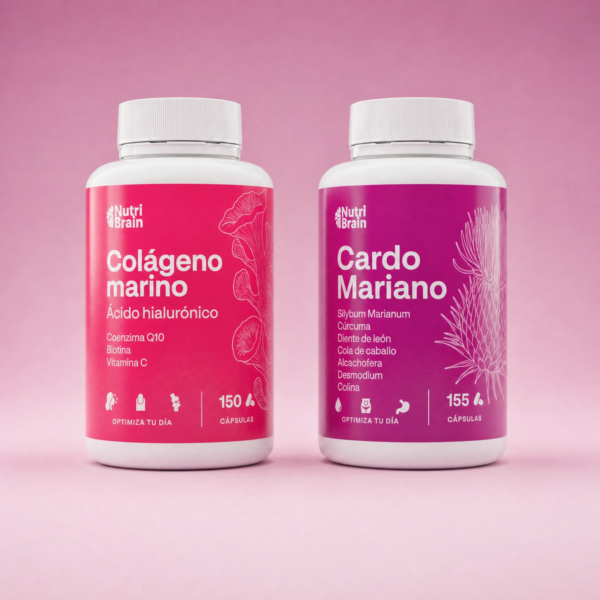 Pack NutriBrain Colágeno Marino Hidrolizado con Ácido Hialurónico, Vitamina C, Q10 y Biotina (150 Cápsulas) + Cardo Mariano con Alcachofa, Diente de León, Cola de Caballo y Colina (155 Cápsulas) | Complemento Alimenticio