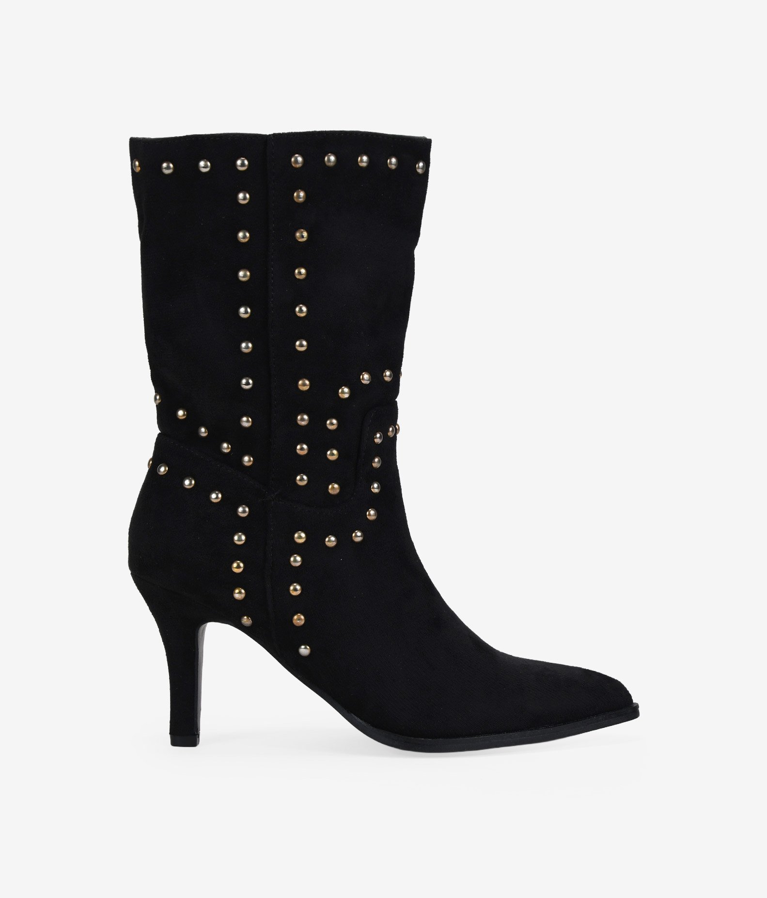 Bosanova Botas de tacón para mujer de caña media con tachas metálicas y suela con acabado en punta y tacón kitten. Cierre con cremallera interior.