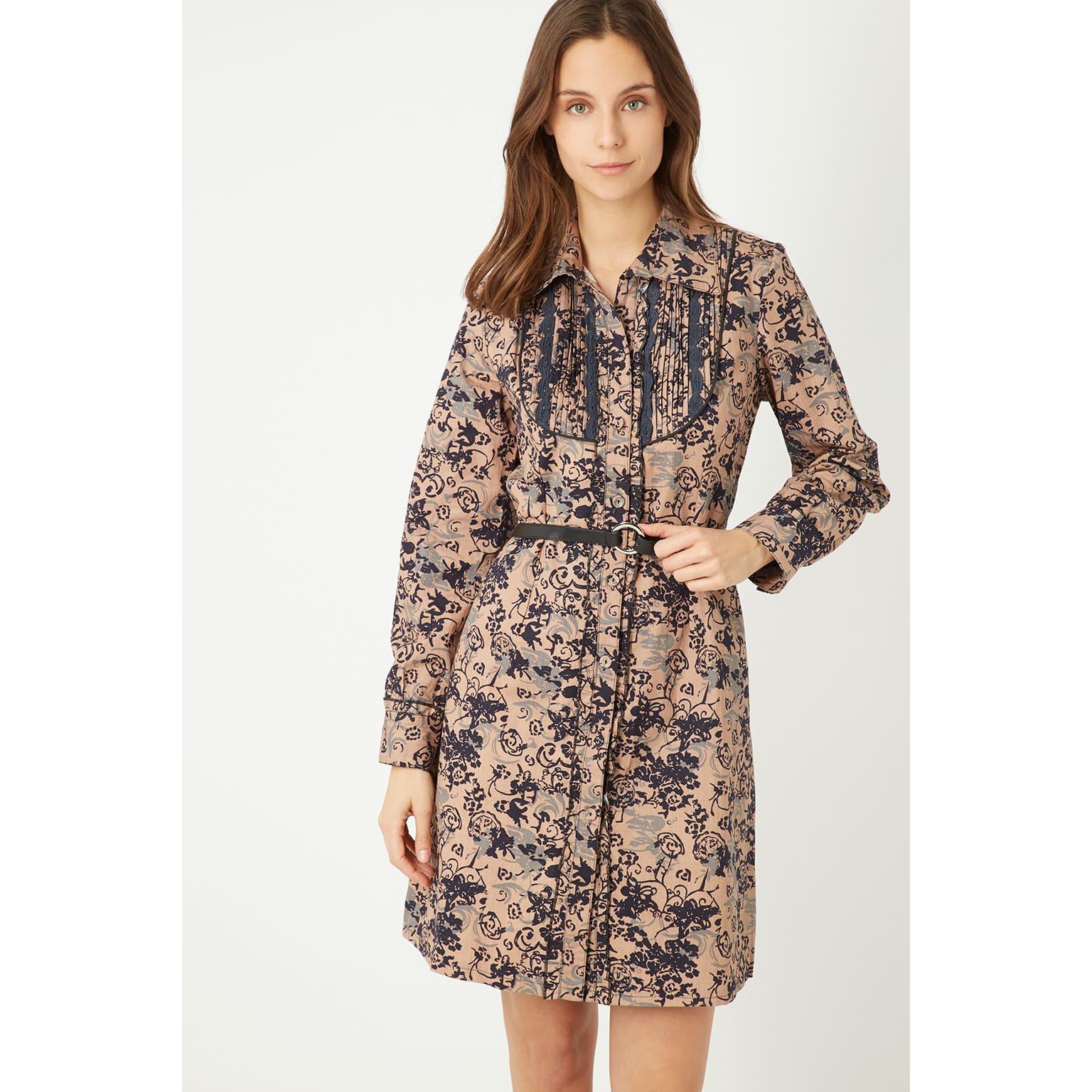 Vestido camisero mujer, dress elegante, estampado floral, fajín incluido, tejido suave, corte recto, manga larga, ideal oficina y eventos, color beige, talla 36, sofisticado y cómodo, outfit versátil ✅Entrega 24/48h