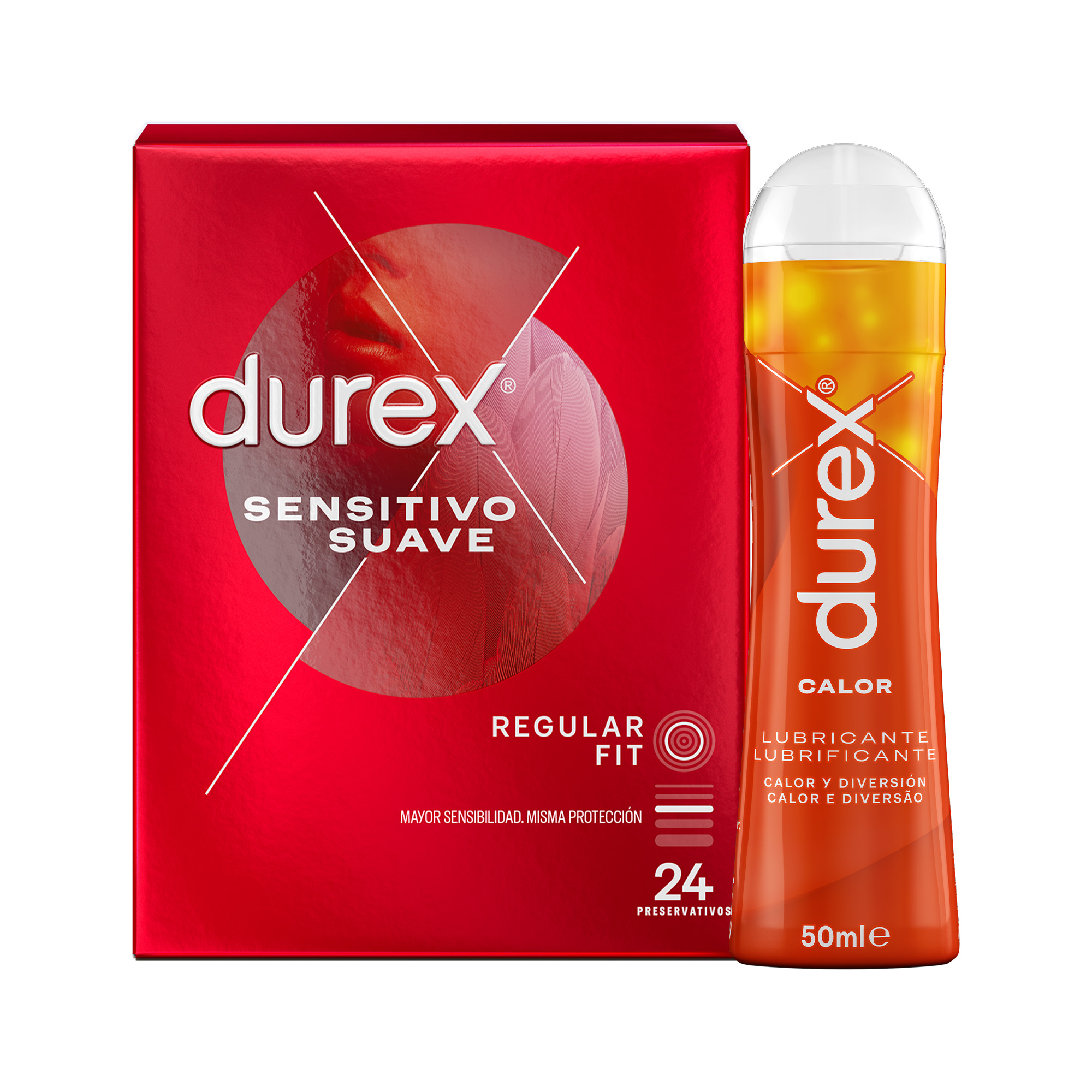 Durex - Lote 24x Preservativos Sensitivo Suave + Lubricante Efecto Calor 50 ml, Sexo Seguro. Perímetro Regular, Grosor Fino