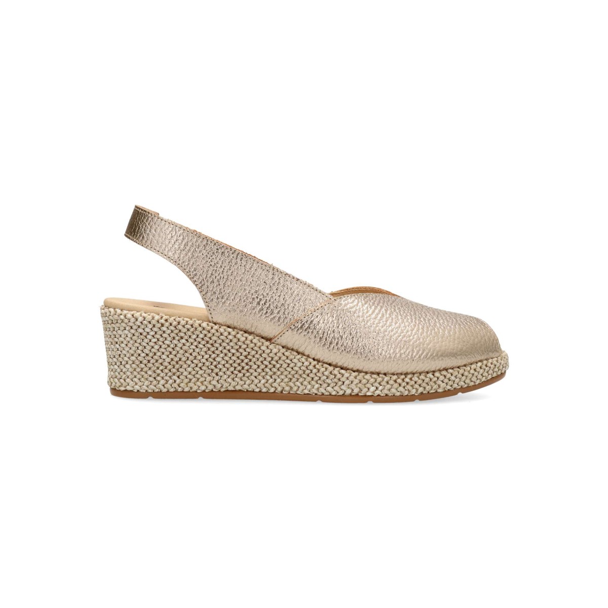 PITILLOS - Sandalia de mujer con cuña forrada en rafia y piel metalizada dorada, cómoda y ligera para verano