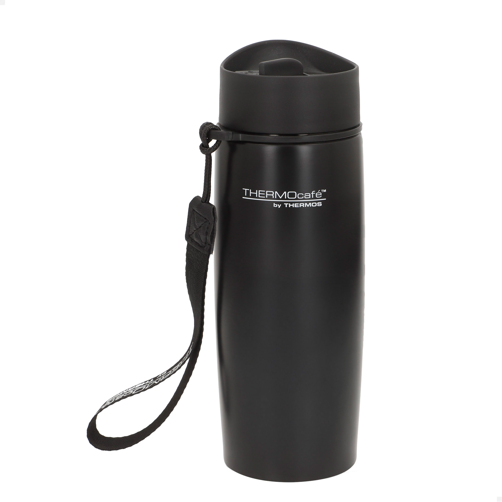 Thermos - Termo acero inoxidable, negro, base antideslizante, correa de mano, tapón con boquilla y cierre, vaso térmico para café, termo para agua caliente, botella térmica, termo café, frío calor