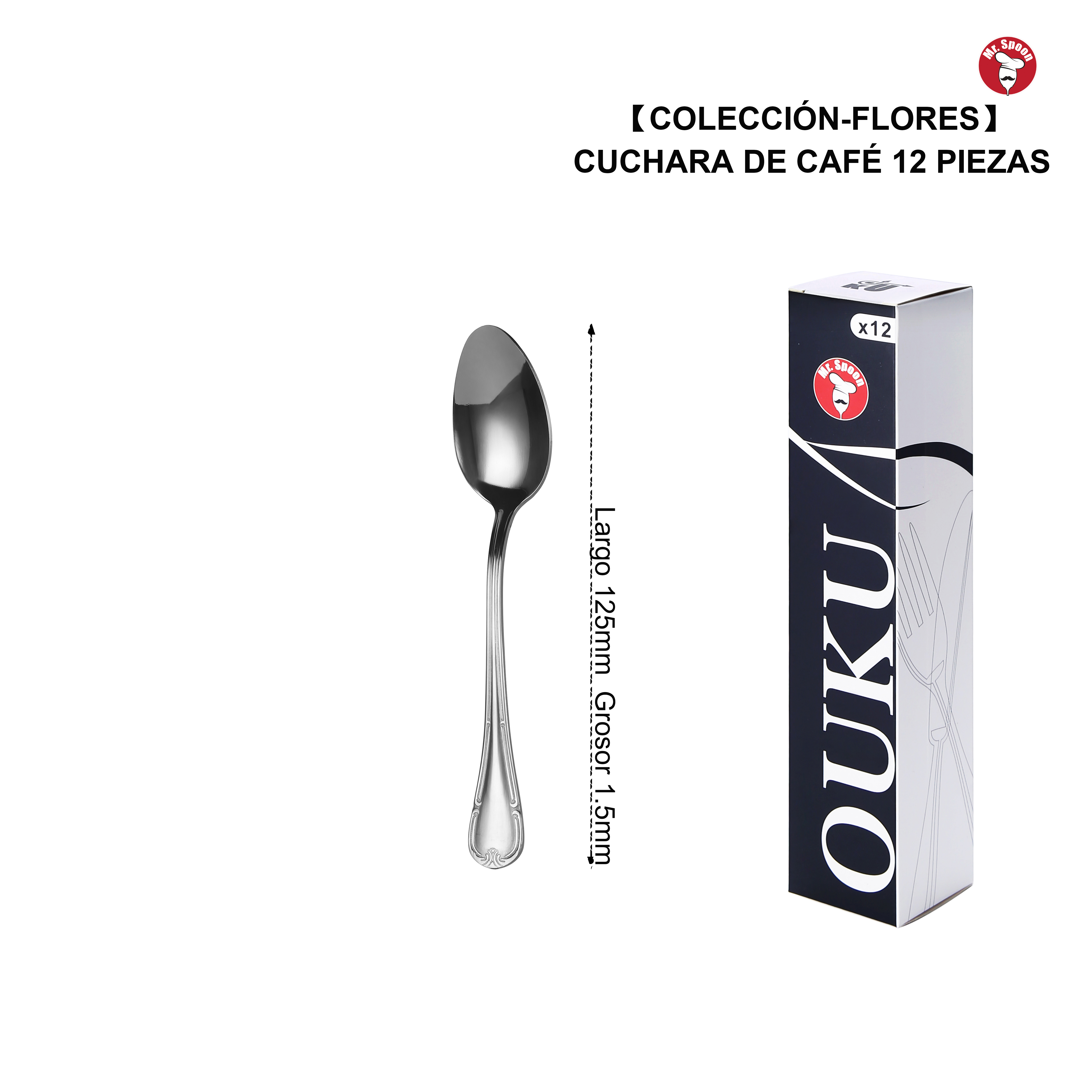 Mr.Spoon Serie Flores Cucharas de 12, 48 o120 piezas,Acero inoxidable 18/0,Plateado,Económico y funcional,Cuchara de té 150mm,cuchara café 125mm,cuchara moka 105mm,Mango monobloque,Apto para lavavajillas.Empaque ecológico,Idea para casa,hotel,restaurante