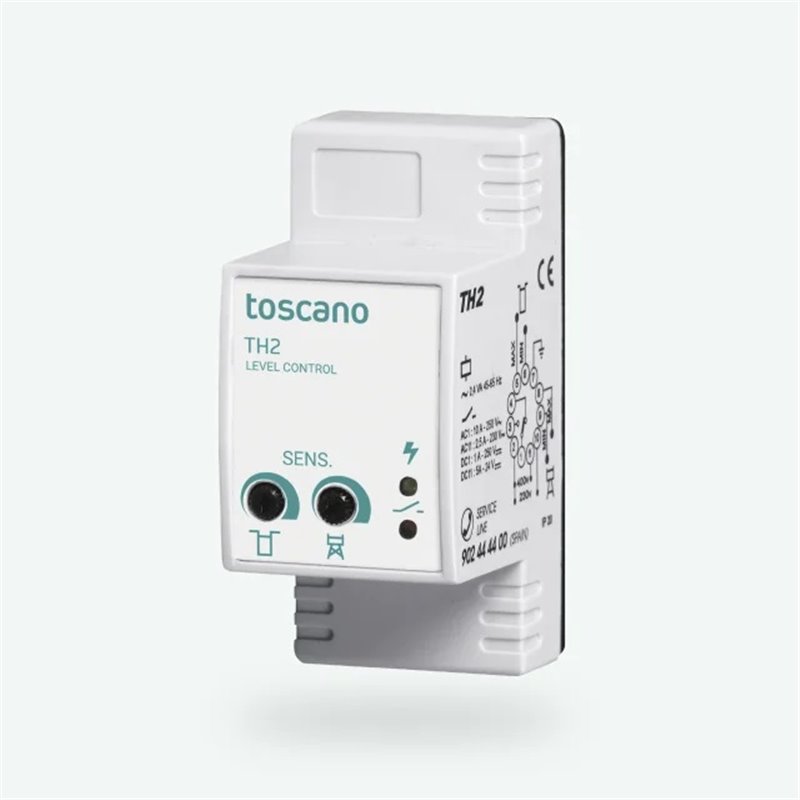 TOSCANO tcontrol Hidronivel TH2-230/400, Relé de Control de nivel Conductivo, Modo de Control Doble (Pozo y Deposito) mediante 4 Sondas, Sensibilidad ajustable, Alimentación 230/400VAC, Enchufable en Base Undecal