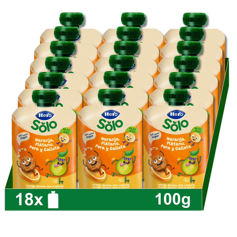 Bolsita Hero Mi Fruta Naranja, Pera, Plátano y galleta. 18 x 100g