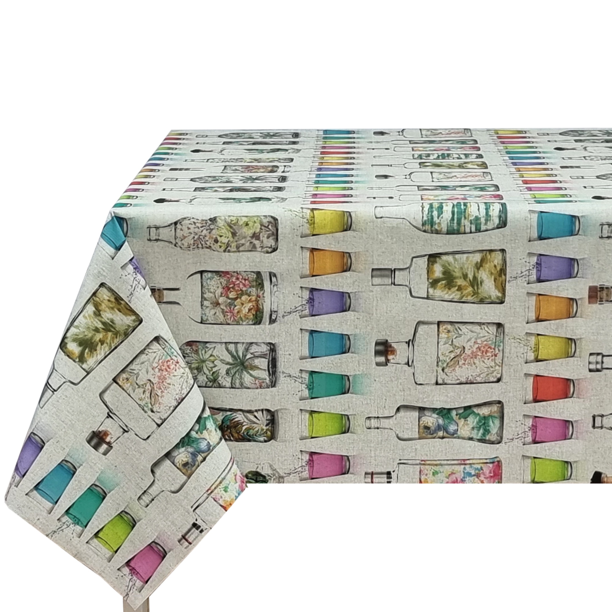 Mantel tela textil resinado suave, rectangular, Ideal para el hogar, Cocina, Comedor, Jardin, Balcon, Salon y picnic. Fácil de limpiar, Impermeable Estilo moderno,Multicolor Botella, Flores,Cactus,Ancho 137cm ,DM160