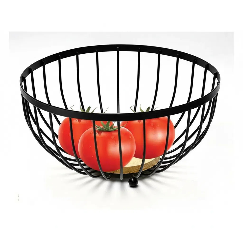 LIN HOME XZ-23192 Cesta de Frutas de Metal Negro con Bandeja de Madera, Organizador Redondo de 25×12,4 cm