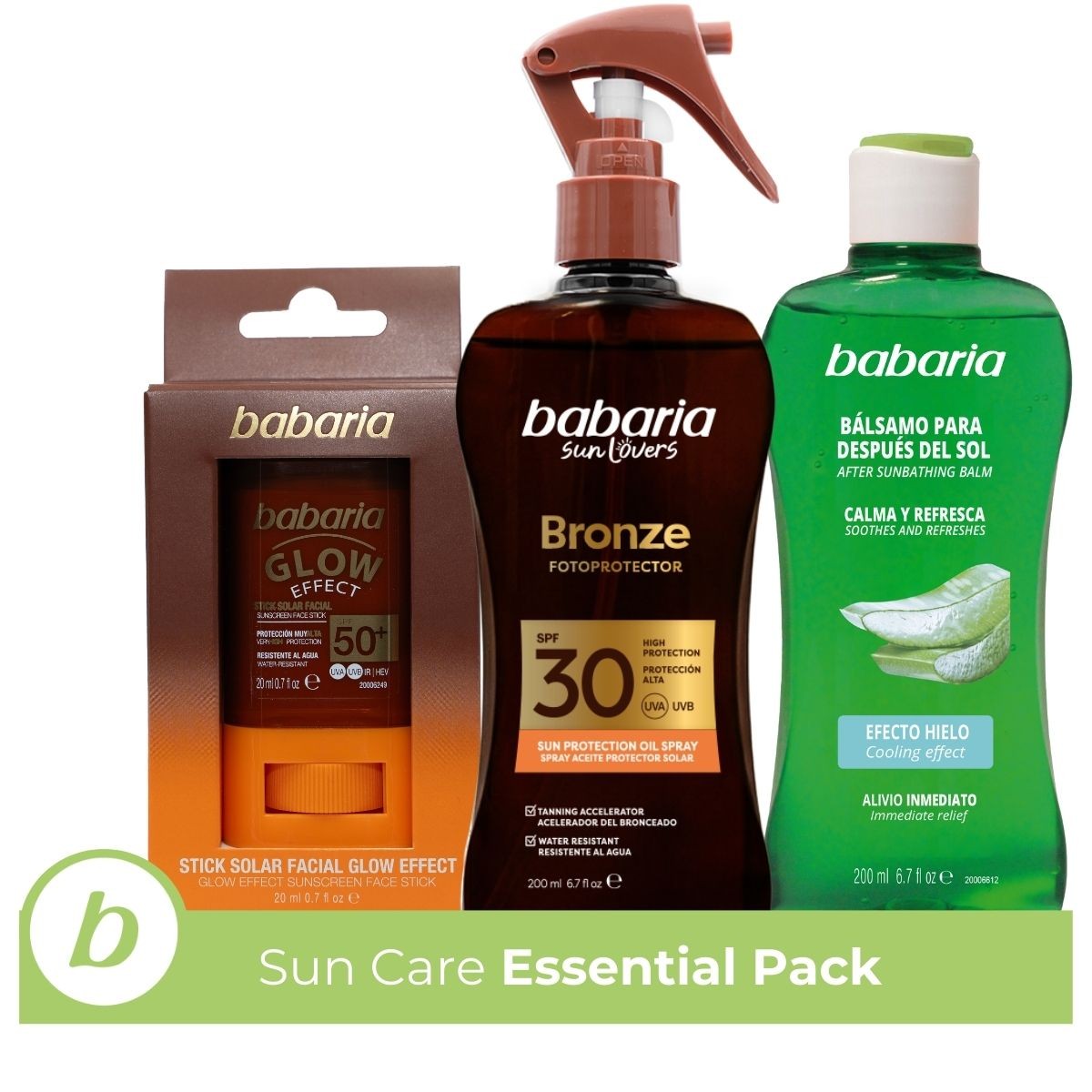 Babaria - Crema Solar Facial 50 Glow + Aftersun + Bronceador Cuerpo con Protector Solar SPF30 en Spray | Acelerador Bronceado | Apta Para Pieles Sensibles | Coral Friendly y Biodegradable | Resistente al Agua