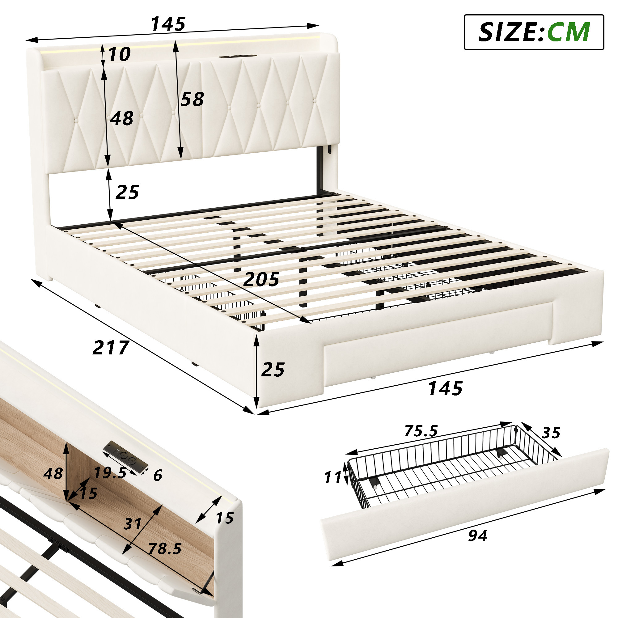 Superaly Upholstered Bed 140x200cm/160x200cm, with LED Lighting and 3 Drawers, Headboard with Storage Compartment and USB Charging Function, for Adults and Teenagers