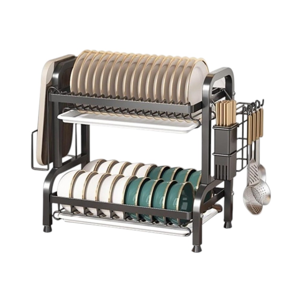 Escurreplatos para encimera de Cocina, Estante de Almacenamiento doméstico, escurreplatos de 2 Capas, con Bandeja de Goteo, portacuchillos y Soporte para Palillos.