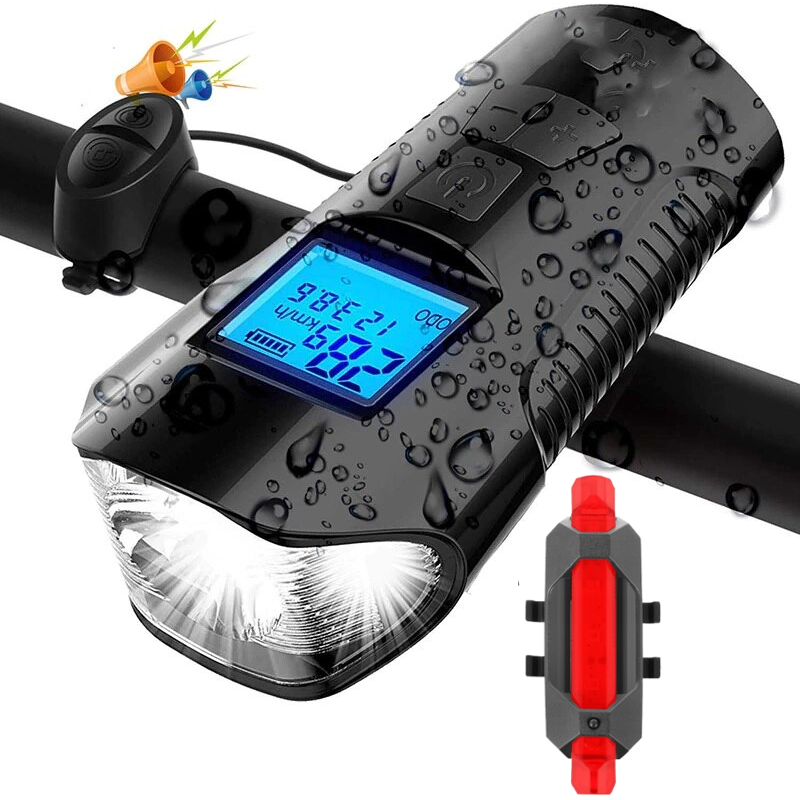 Luz para Bicicleta con Cuentakilómetros y Bocina Recargable USB, linterna Bici Delantera y Luz Trasera Bicicleta, Velocímetro Impermeable LED Luz Bicicleta Set, Luz Bicicleta para Carretera y Montaña Seguridad para la Noche