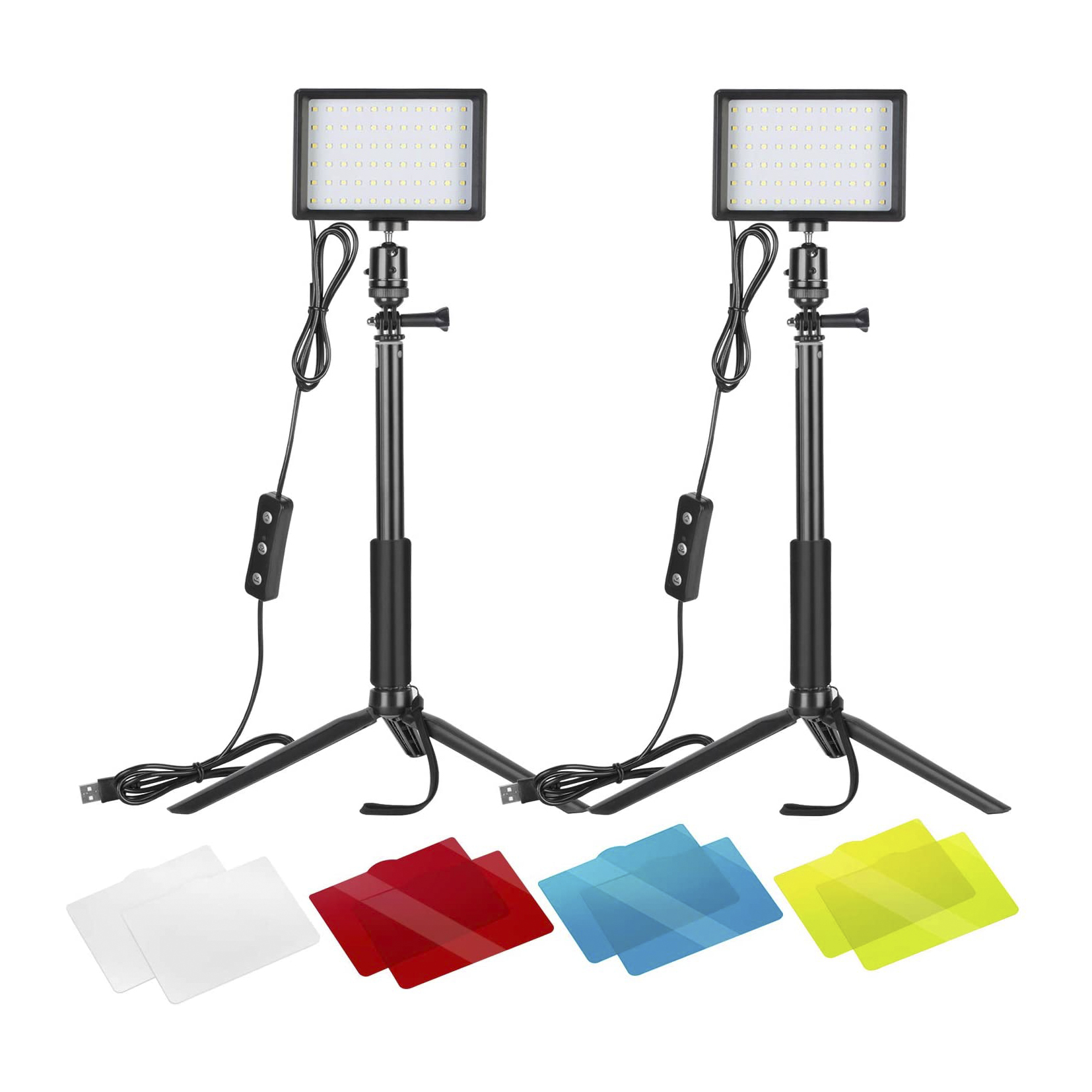 Pack de 2 Luces, Luz de Vídeo LED USB de Regulables 5600K con Soporte de Trípode Profesional y Filtros de Color para Grabación en Ángulo Bajo, Iluminación de Videoconferencia/Juegos/YouTube/Fotografía