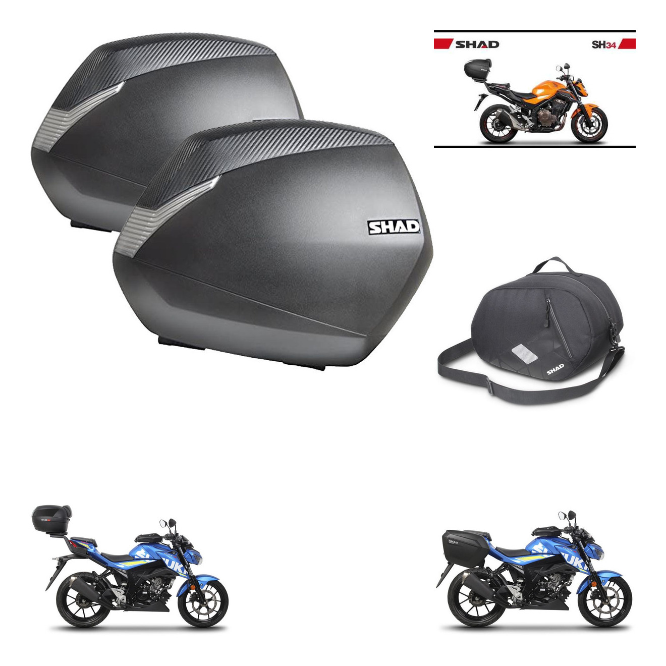 Baul Trasero + Maletas Laterales + Bolsa Interna + Herraje 3P + Herraje Montaje Sh36 Sh 36 Sh34 Carbon KIT-268497