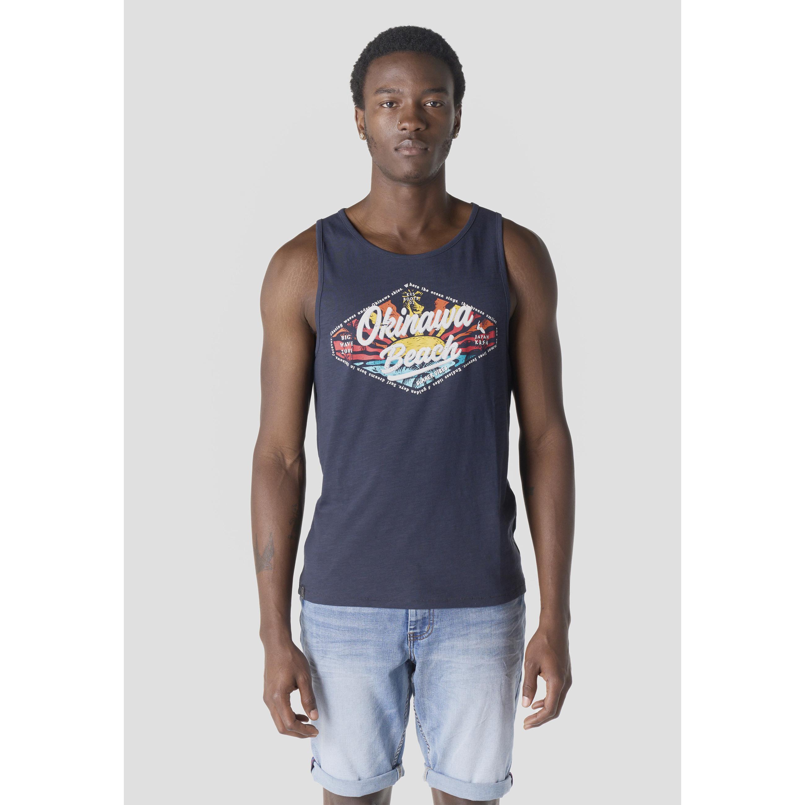 Koroshi - Camiseta tirantes hombre estampado surf OKINAWA BEACH de algodón 100 % ligero y transpirable para look playero y street style veraniego