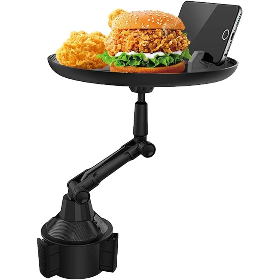 Bandeja Multifuncional para Coche con Soporte Giratorio 360° y Base Ajustable Extensible | Ideal para Comida, Bebidas, Móvil y Más