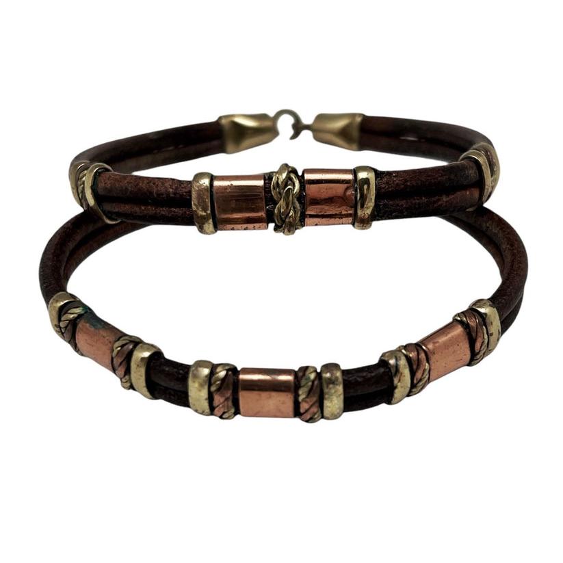 Pulsera cuero latón y cobre rizos envolventes artesanal únicas